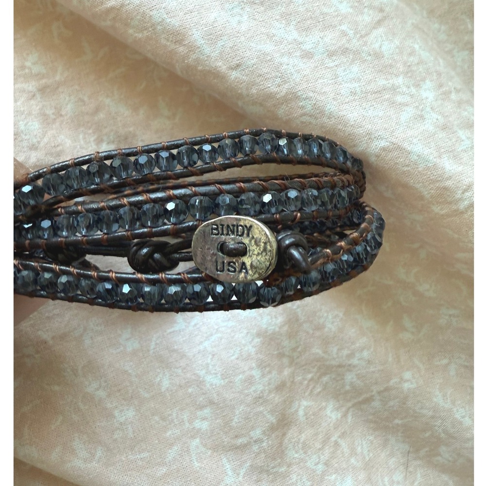Bindy‎ USA Beaded Leather Wrap Bracelet Smoky Blue Glass Crystal Layered Boho OS